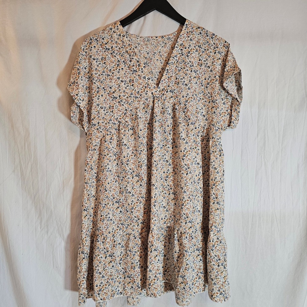 Emery Rose Floral Babydoll Dress V-Neck‎ Short Sleeve Tiered Mini Blue Tan XL